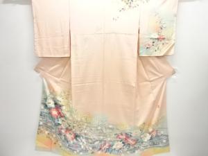 作家物　手描き友禅波に牡丹・松模様訪問着